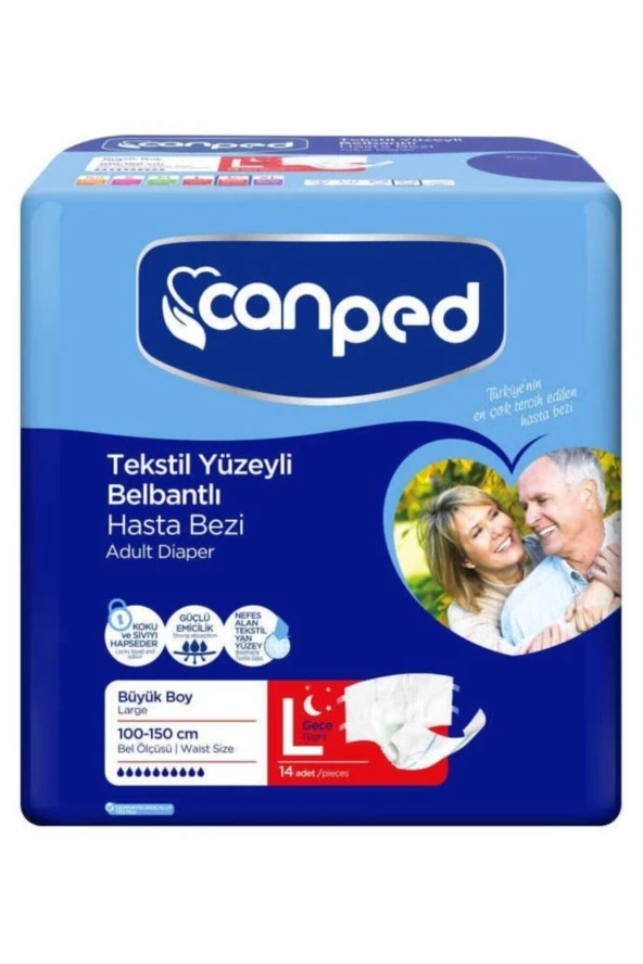 Canped Bel Bantlı Tekstil Yüzeyli Yetişkin Hasta Alt Bezi Gece Büyük Boy (L) | 14 Adet ürün görseli 1
