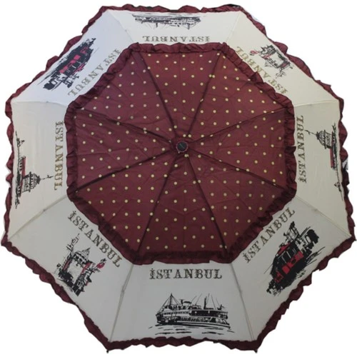 İstanbul Desenli Bordo Şemsiye - Resim 2