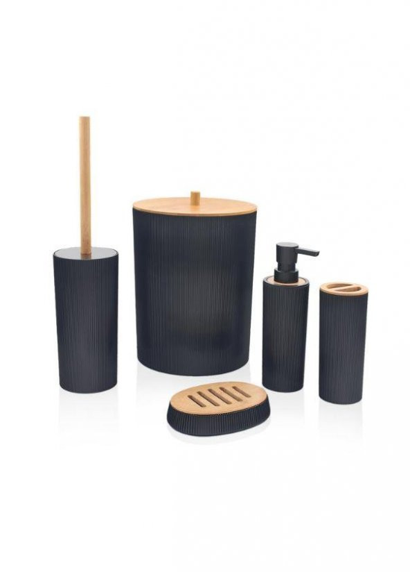 The Mia Stripe Bambu Kapaklı Banyo Seti 5 Parça Siyah BNY0025 ürün görseli 1