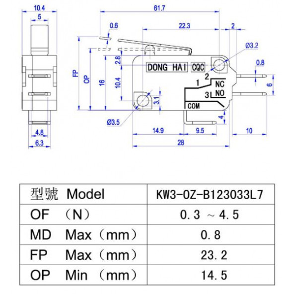 MICRO SWITCH UZUN PALETLİ (220V 16A) DONGHAI - Resim 2