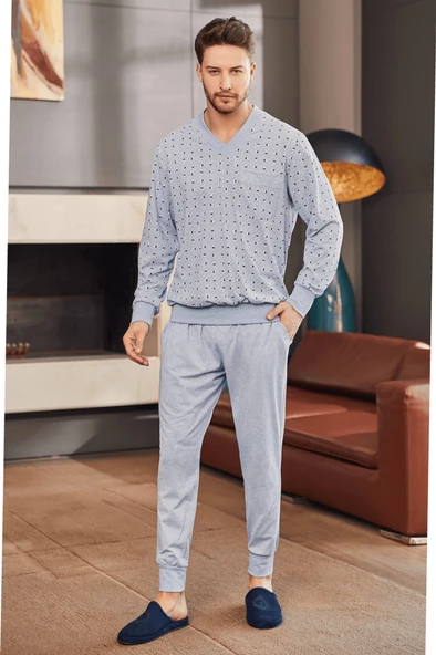 Mecit 2757 Erkek Mavi Büyük Beden Uzun Kollu Pijama Takımı ürün görseli 1