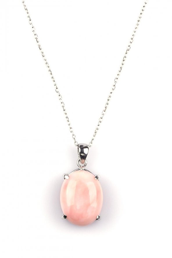 Pembe Opal Doğal Taş 925 Ayar Gümüş Kolye ürün görseli 1
