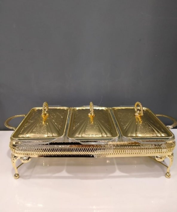 Lara Home Queen Anne Altın Altın Kaplama Üç Bölmeli Isıtıcılı  Yemek Servis 51x26x18 cm ürün görseli 1