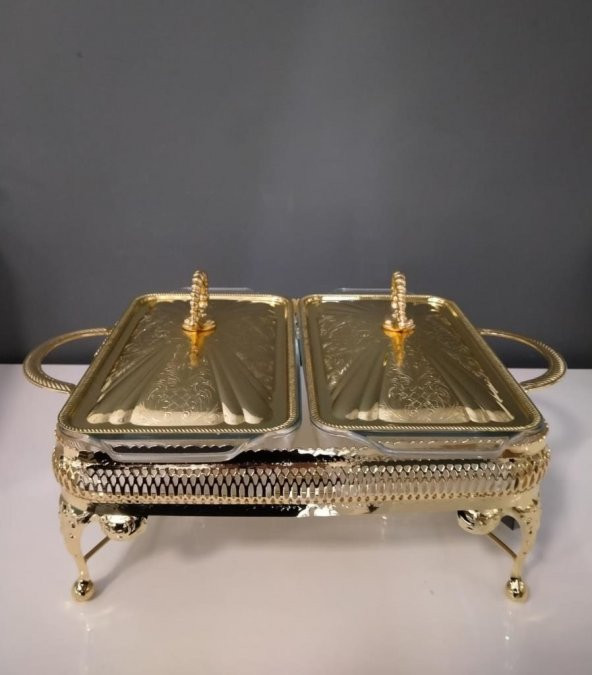 Lara Home Queen Anne Altın Kaplama İki Bölmeli Isıtmalı Yemek Servislik 41x28x19 cm ürün görseli 1