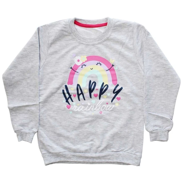 Kız Çocuk Gri Happy Gökkuşağı Baskılı Tek Üst Sweat ürün görseli 1