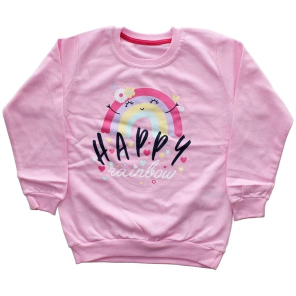 Kız Çocuk Pembe Happy Gökkuşağı Baskılı Tek Üst Sweat ürün görseli 1