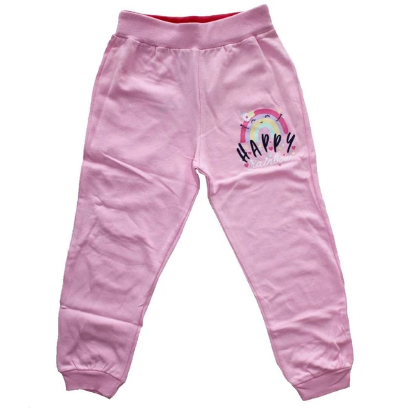 Kız Çocuk Pembe Happy Gökkuşağı Baskılı Tek Alt Eşofman ürün görseli 1