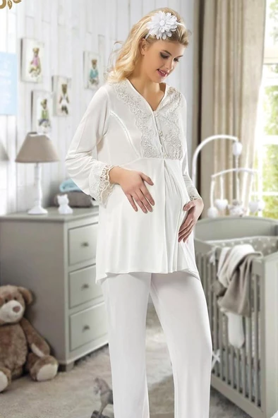 Sisrina Bayan Ekru Hamile ( Lohusa ) Pijama Takımı - 1604 ürün görseli 1