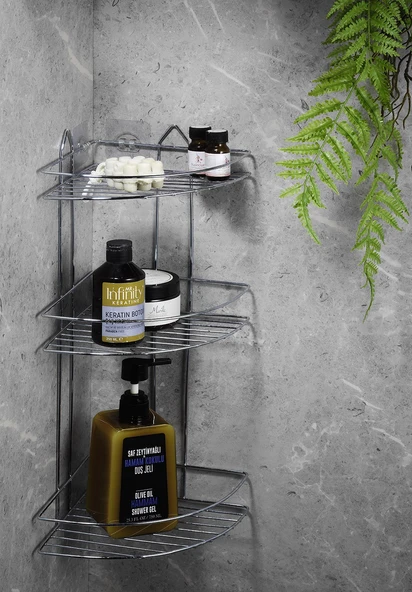 SAS Yapışkanlı Banyo Köşeliği Düzenleyici Şampuanlık Duş Rafı Krom EK-03 ürün görseli 1