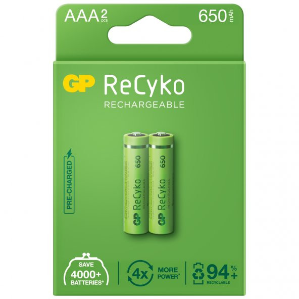 GP ReCyko GP65AAAHCEMTR 650 mAh AAA Ni-MH Şarj Edilebilir İnce Kalem Pil 2li ürün görseli 1