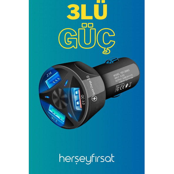 OTO 3'LÜ USB ŞARJ CİHAZI - SİYAH ürün görseli 1