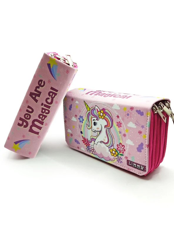 Kalem Kutusu Unicorn Bahar Temalı Kawai Organizer Kalemkutu Vegan Deri Üç Bölmeli Kalemlik- Pembe ürün görseli 1