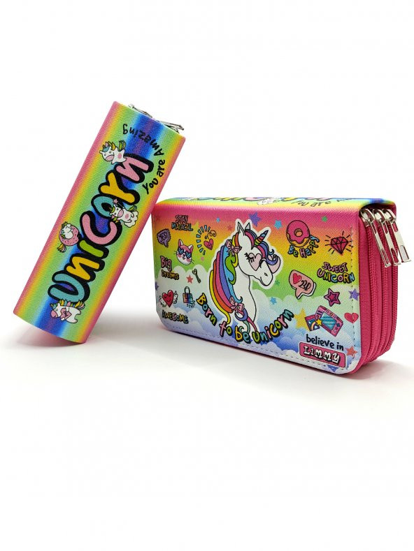 Kalem Kutusu Unicorn Pembe Cool Tarz Kawai Organizer Kalemkutu Üç Bölmeli Kalemlik ürün görseli 1