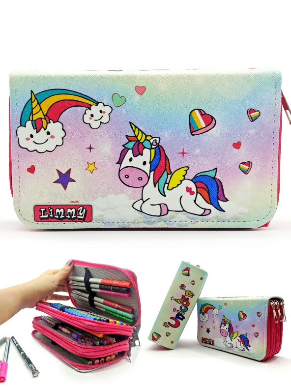 Unicorn Şeker Temalı Modelist Kalem Kutusu Kalemkutu Vegan Deri Üç Bölmeli Kalemlik ürün görseli 1