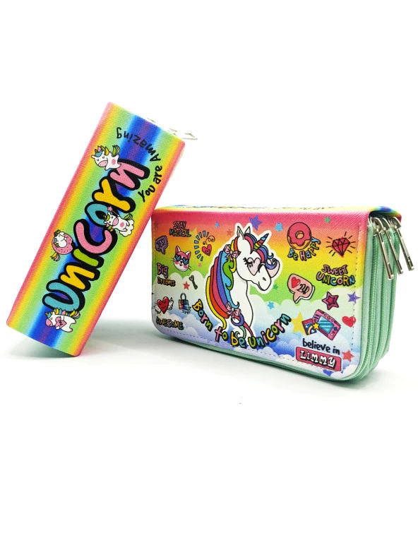Kalem Kutusu Unicorn Cool Tarz Kawai Organizer Kalemkutu Vegan Deri Üç Bölmeli Kalemlik - Yeşil ürün görseli 1