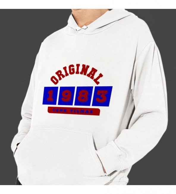 Kişiye Özel Bordo Mavi İsim Tarih Baskılı Kapşonlu Beyaz Unisex Sweatshirt HK2372 ürün görseli 1