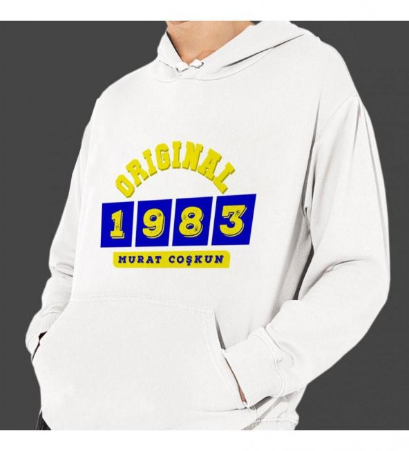 Kişiye Özel Sarı Lacivert İsim Tarih Baskılı Kapşonlu Beyaz Unisex Sweatshirt HK2371 ürün görseli 1