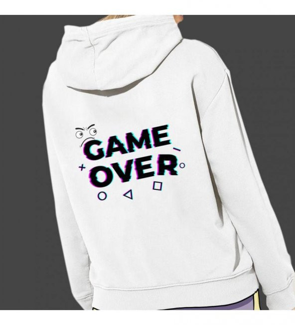 Game Over Baskılı Kapşonlu Beyaz Unisex Sweatshirt HK2353 ürün görseli 1