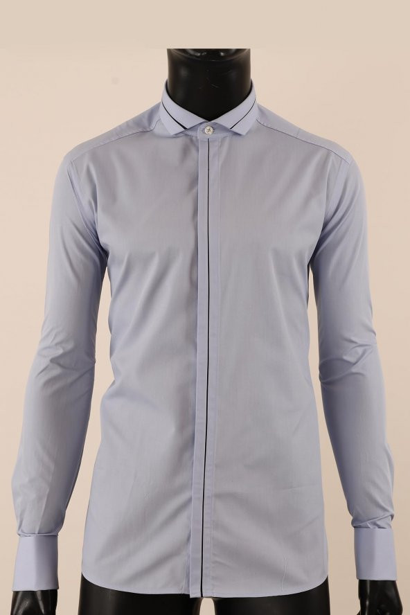 Uzun Kol Slim Fit Damatlık Mavi Gömlek ürün görseli 1