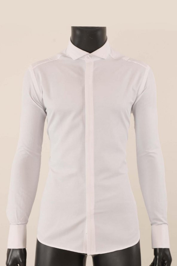Uzun Kol Slim Fit Damatlık Beyaz Gömlek ürün görseli 1
