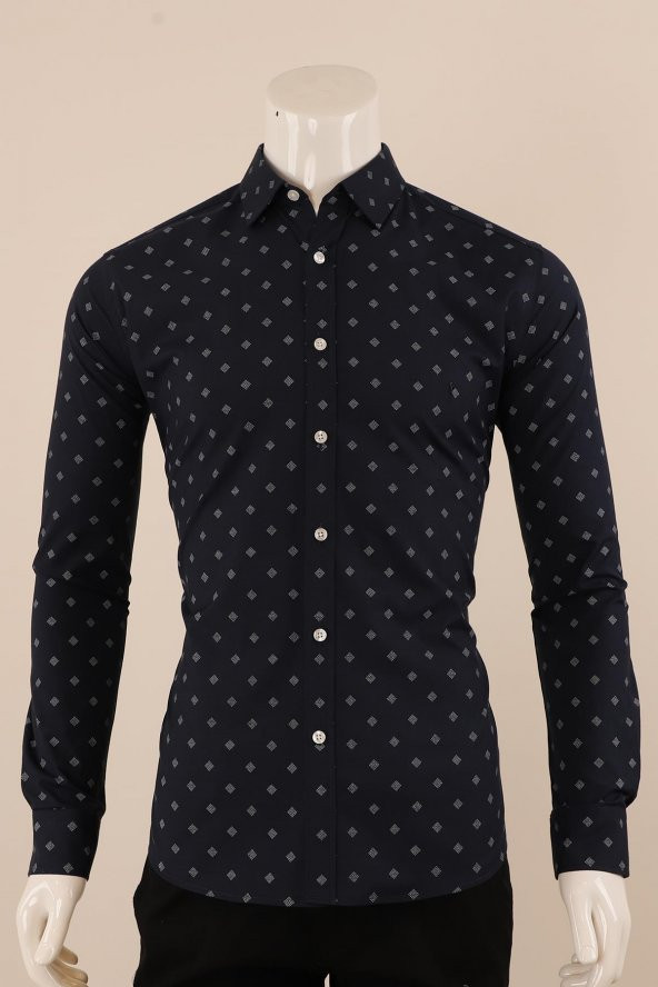 Uzun Kol Slim Fit Desenli Gömlek ürün görseli 1