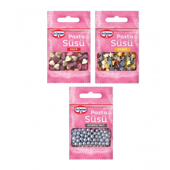 Dr. Oetker Pasta Süsü 10 gt. x 3 (Gümüş İnci, Yıldız, Kalp) ürün görseli 1