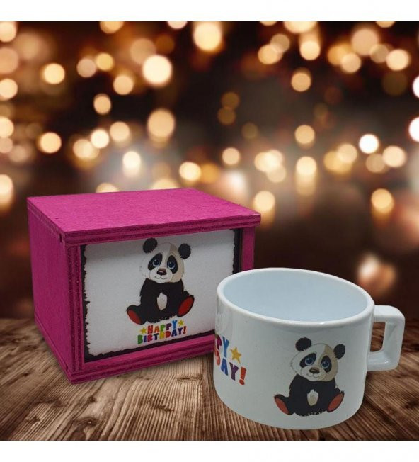 Panda Happy Birthday Doğum Günü Konsept Ahşap Kutulu Kupa Bardak ürün görseli 1