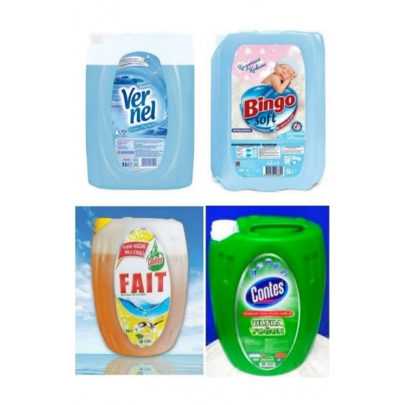CONTES FAIT BULAŞIK DETERJANI 5 KG + CONTES ULTRA YOĞUN DOMESTOS + VERNEL 5 KG + BİNGO SOFT 5 KG ürün görseli 1