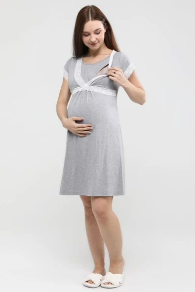 Luvmabelly MYRA9686 Önden Bölmeli Dantelli Hamile Geceliği -Gri ürün görseli 1