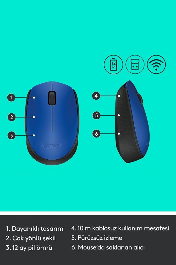 Logitech M171 Kablosuz Usb Alıcılı Optik Mouse Mavi - Resim 7