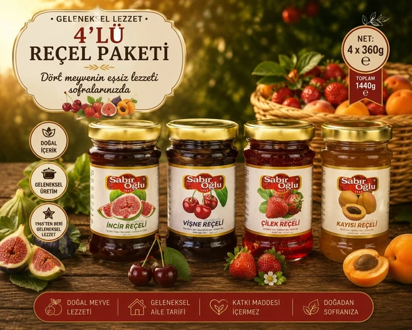 SABIROĞLU 4LÜ REÇEL PAKETİ ÇİLEK İNCİR VİŞNE KAYISI ürün görseli 1