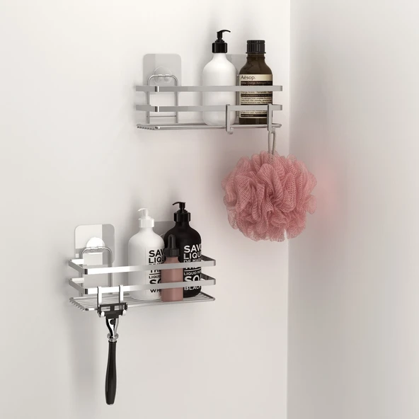 TEKNOTEL YAPIŞKANLI KANCALI 2 ADET BANYO RAFI SİLVER ST281H ürün görseli 1
