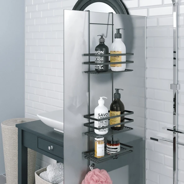 TEKNOTEL ÜÇ KATLI ASMALI BANYO DUŞ RAFI MAT SİYAH LM580 ürün görseli 1