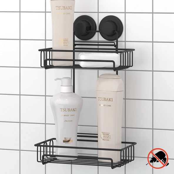TEKNOTEL DELME VİDA MATKAP YOK! VAKUMLU İKİ KATLI BANYO RAFI MAT SİYAH DM242 ürün görseli 1