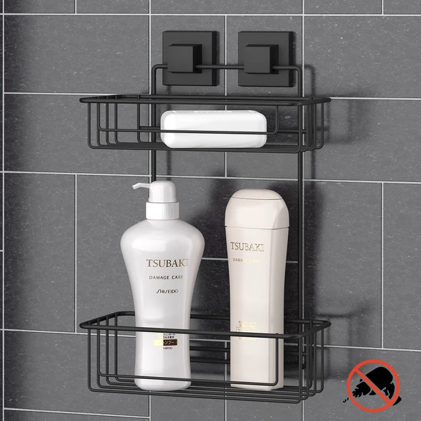 TEKNOTEL DELME VİDA MATKAP YOK! easyFIX YAPIŞKANLI İKİ KATLI BANYO RAFI MAT SİYAH EF256 ürün görseli 1