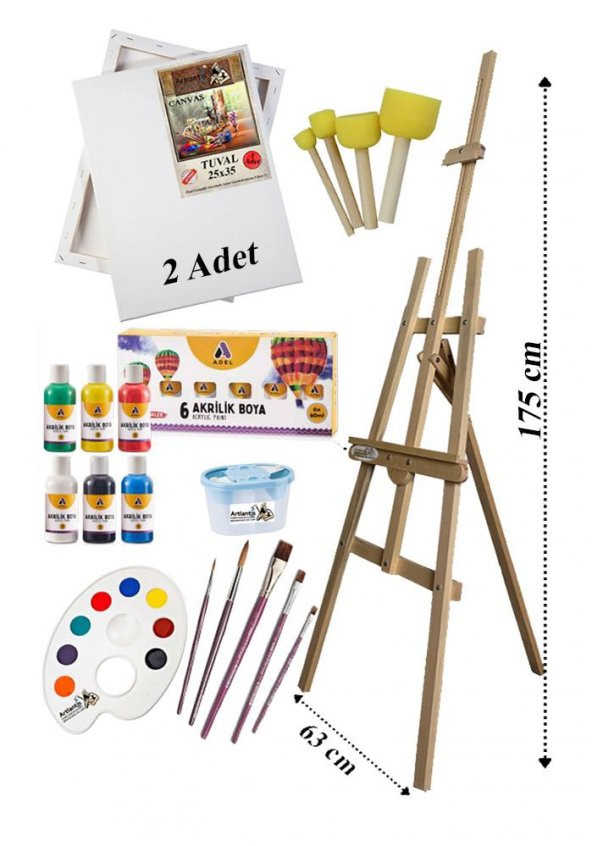 Akrilik Boya Resim Başlangıç Seti Adel 6 Ana Renk Akrilik Boya Şövalye 2 Tuval 25x35 Fırça Spatula Şövale ürün görseli 1