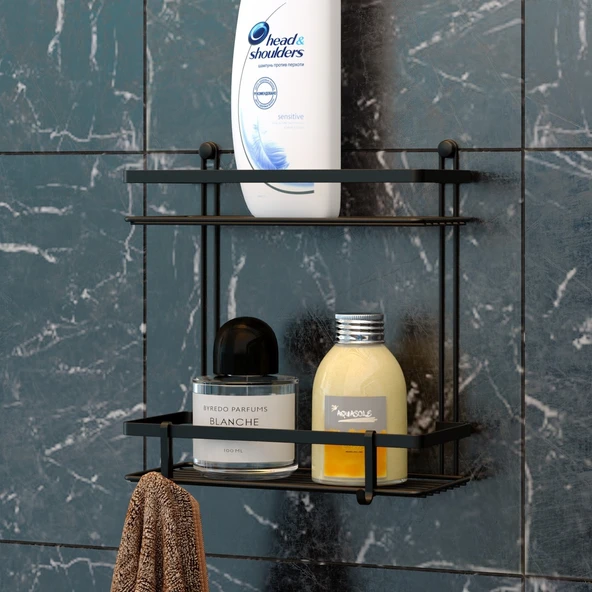 TEKNOTEL İKİ KATLI KANCALI BANYO RAFI SİYAH ES067H ürün görseli 1