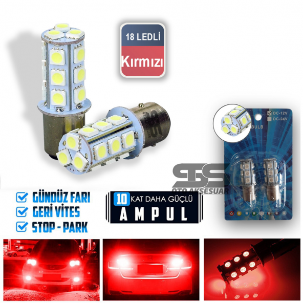 Çakar Ledli Stop Ampulü Fren Lambası 18 Led Kırmızı Tek Duy ürün görseli 1