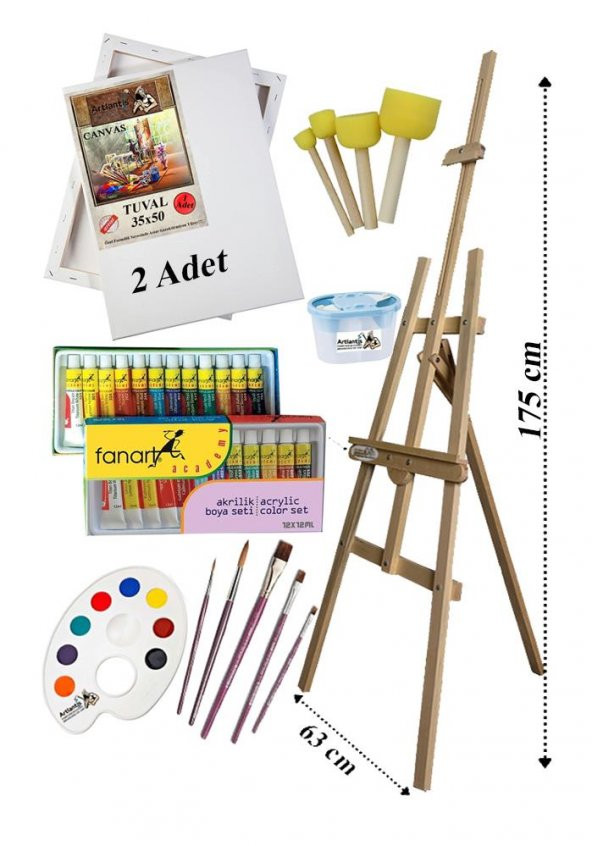 Akrilik Boya Resim Seti Fanart 12 Renk Akrilik Boya Şövalye 2 Tuval 35x50 Fırça Spatula Palet Şövale ürün görseli 1