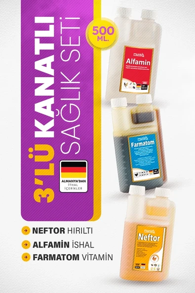 Malatya Yem 3lü Set Kuşlar Için Farmatom Vitamin Alfamin Ishal Neftor Hırıltı Seti (500 Ml) ürün görseli 1