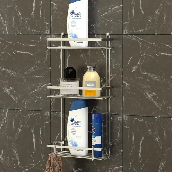 TEKNOTEL ÜÇ KATLI LAMALI BANYO RAFI KANCALI KROM ES065H ürün görseli 1