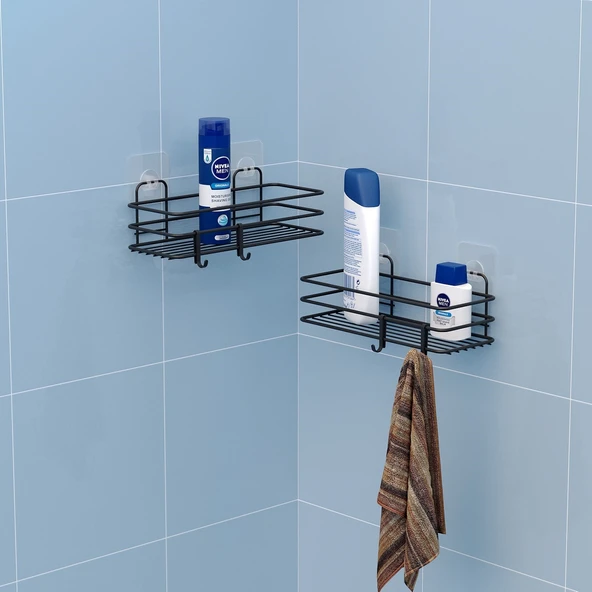 TEKNOTEL YAPIŞKANLI KANCALI 2 ADET BANYO RAFI MAT SİYAH ST217H ürün görseli 1
