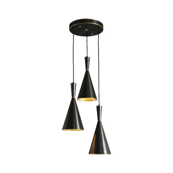 Rsylight Retro Rustik Dekoratif  Siyah Içi Sarı 3 Lü Metal Sarkıt Avize ürün görseli 1