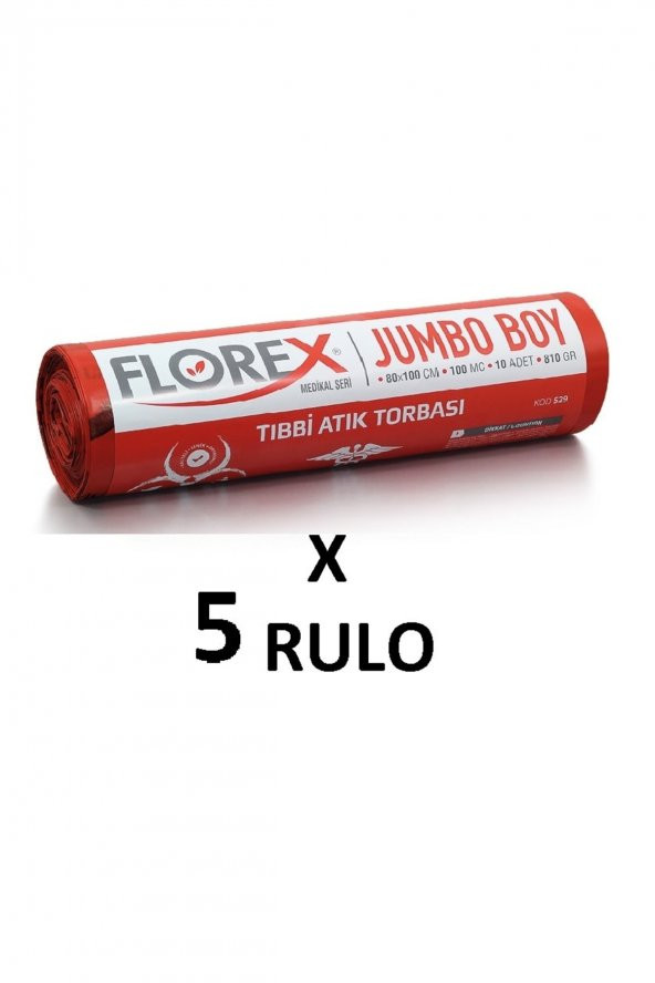 Florex Tıbbi Atık Baskılı Jumbo Boy  80x110 Cm  Çöp Poşeti 5 Rulo - 50 Adet ürün görseli 1