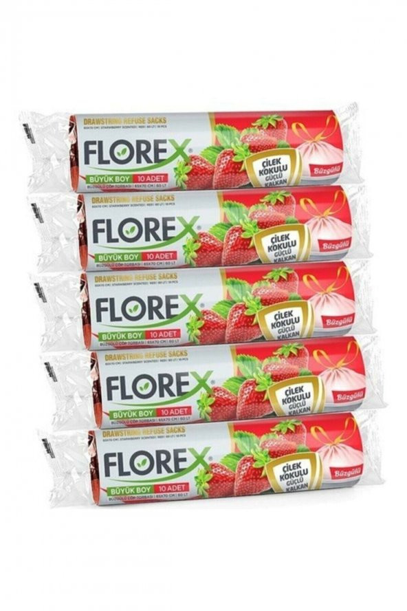 Florex  Büzgülü Çilek Kokulu Orta Boy Çöp Poşeti 5 Rulo 55x60 ürün görseli 1