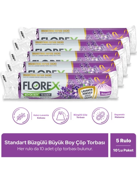 Florex  Büzgülü Lavanta Kokulu Orta Boy Çöp Torbası - 5 Rulo ürün görseli 1