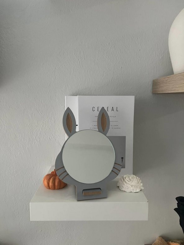 Masaüstü Gri Renk Hediyelik Dekoratif Makyaj Aynasi,Tavşan Kulaklı,Sevimli Ayna, Çocuk ve Genç Ayna, Dekoratif Ayna,Mini Ayna ürün görseli 1