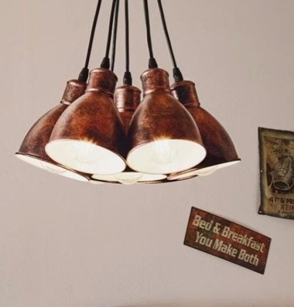 MYLİGHTS RETRO RUSTİK METAL BAKIR FIRÇALI  7 YEDİLİ AVİZE SARKIT AVİZE ürün görseli 1