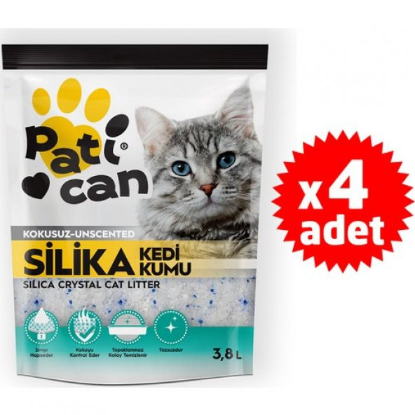 4 ADET PATİCAN SİLİKA KRİSTAL KEDİ KUMU 3.8 LT ürün görseli 1