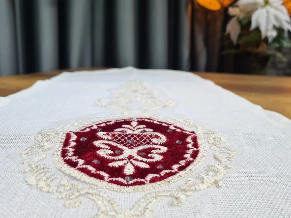 Sinem Lüx Keten Runner Krem Bordo - Resim 3